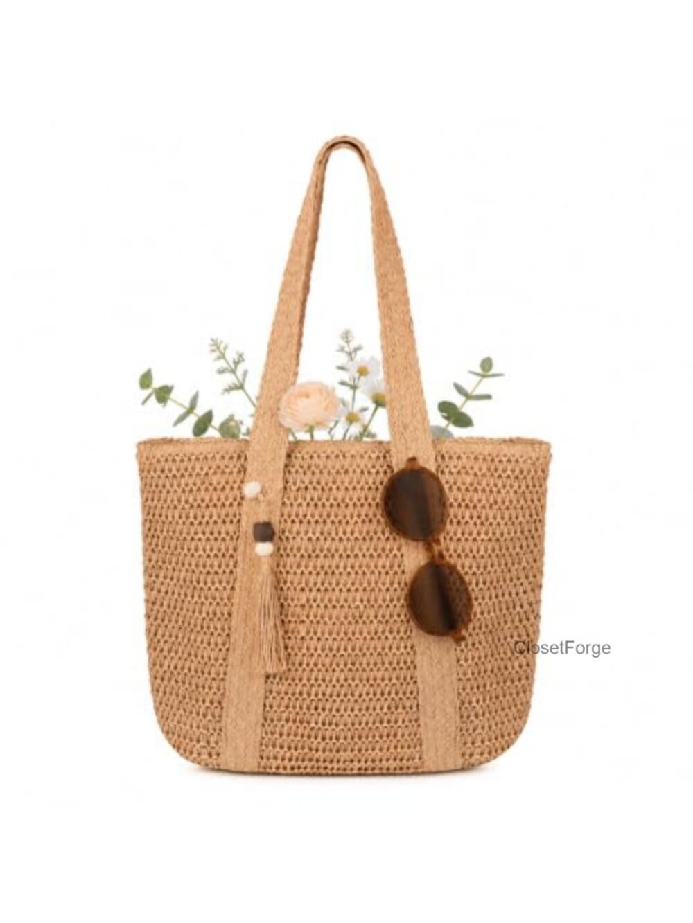 Straw Woven Tote Beach Bag with Tassel Bead Decor, Foldable Shoulder Bag for